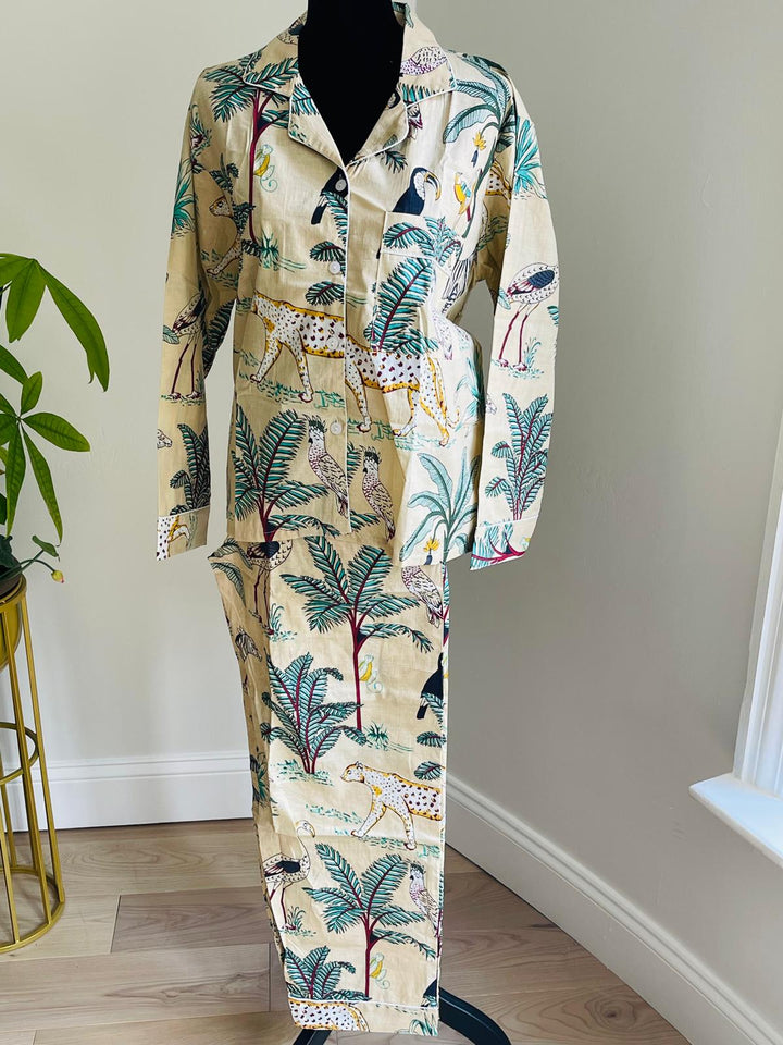 Jungle Print Long Pajama Set - Cream