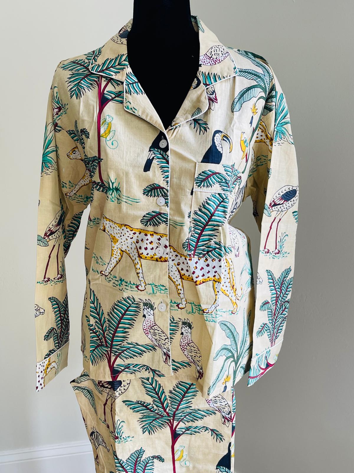Long Pajama Set in Cream Jungle Print