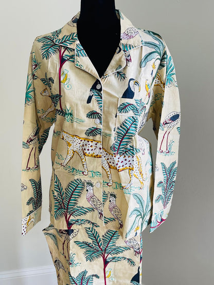 Long Pajama Set in Cream Jungle Print