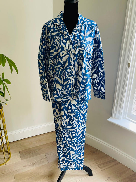Royal Blue & White Hand Block Print Cotton Pajama Set, Botanical Sleepwear & Lounge Apparel, Azure Botanical Print