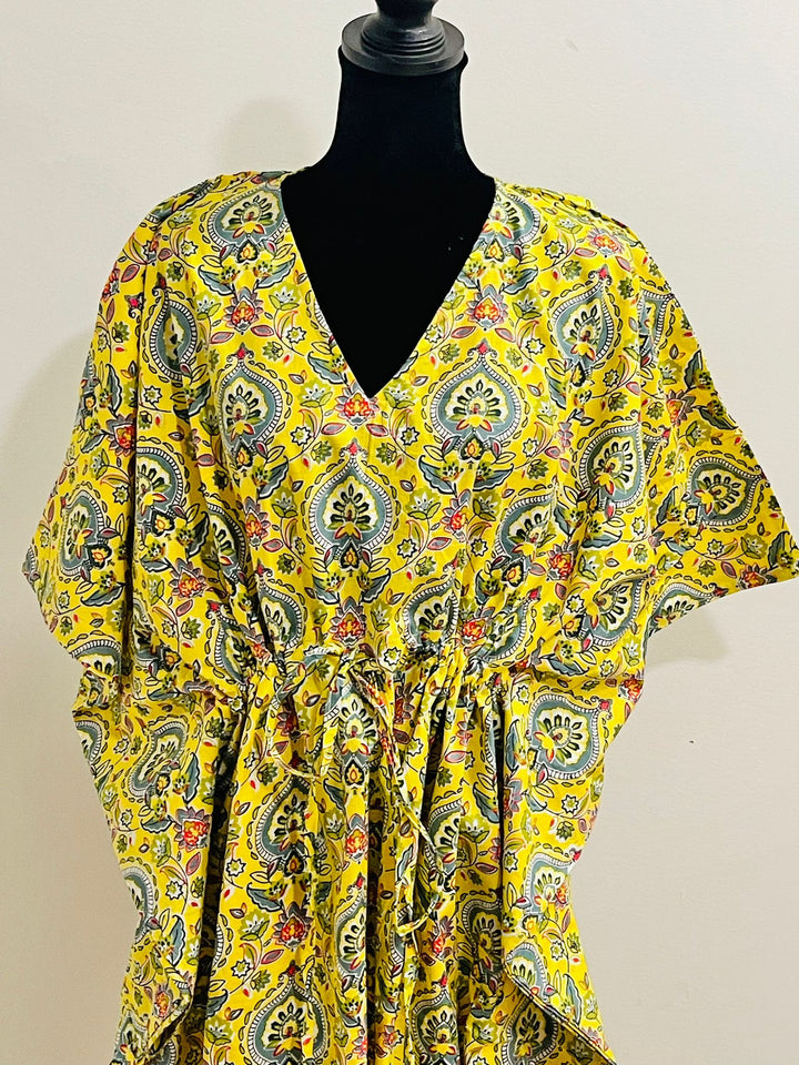 Block Printed Cotton Kaftan - Yellow