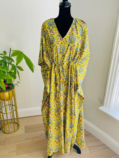Block Printed Cotton Kaftan - Yellow