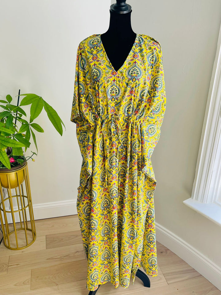 Block Printed Cotton Kaftan - Yellow