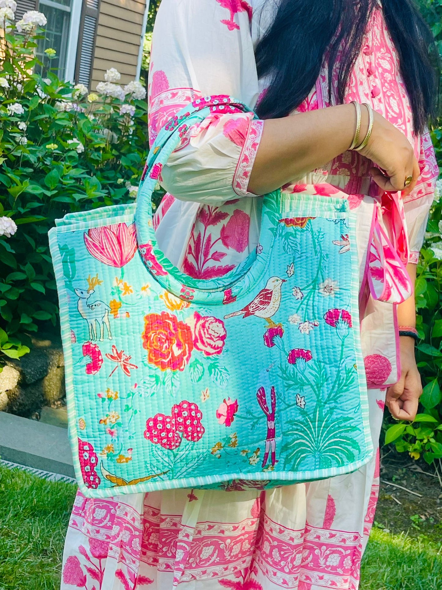 Floral Block Printed Tote Bag
