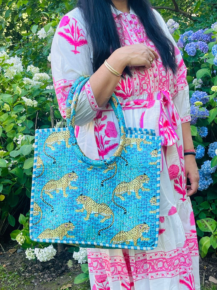 Baby Blue Animal Block Printed Tote Bag