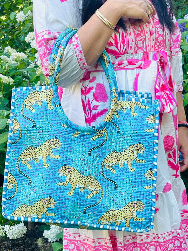 Baby Blue Animal Block Printed Tote Bag