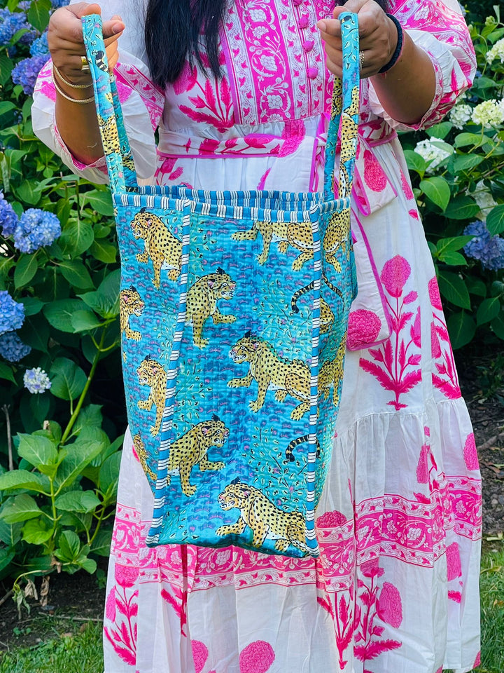 Baby Blue Animal Block Printed Tote Bag