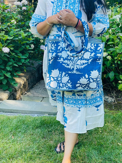 Blue Block Printed Tote Bag