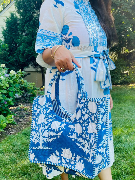 Blue Block Printed Tote Bag