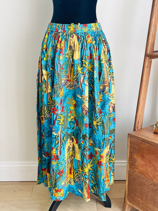 Frida Kahlo Cotton Skirt in Turquoise