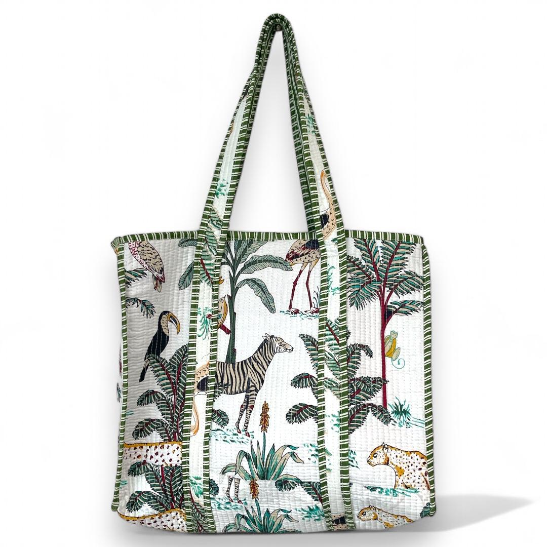 Handmade White Block Printed Reversible Tote Bag