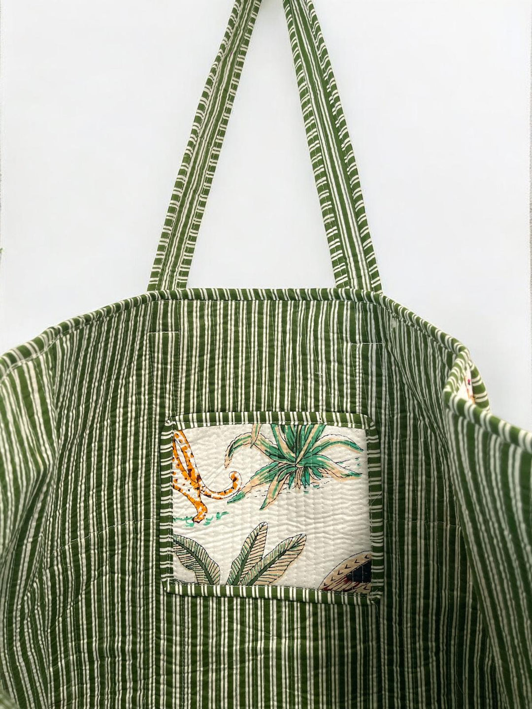 Handmade White Block Printed Reversible Tote Bag