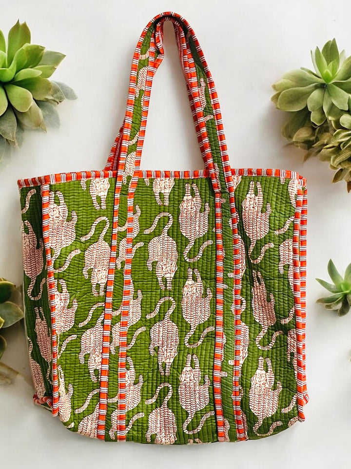 Handmade Green Block Printed Reversible Tote Bag