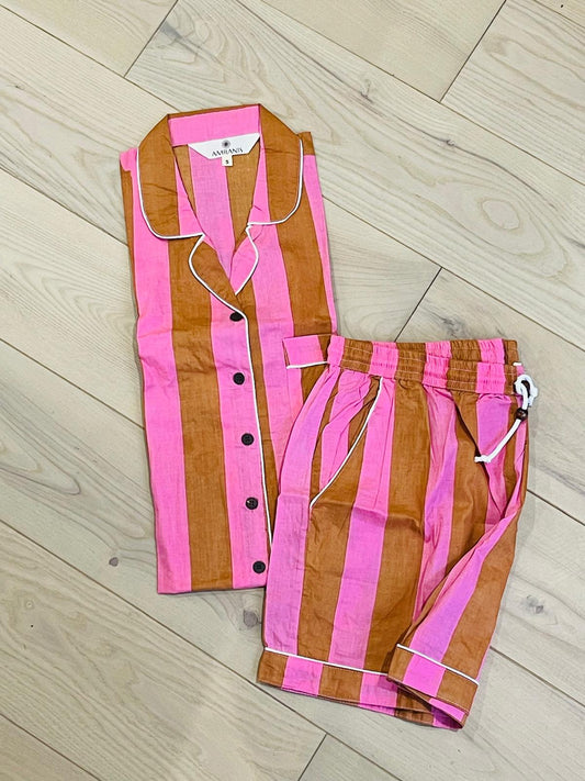 Short PJ Set in Pink & Brown Stripes