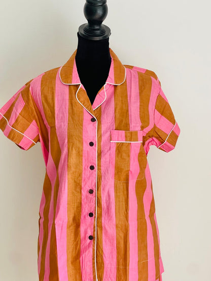 Short PJ Set in Pink & Brown Stripes