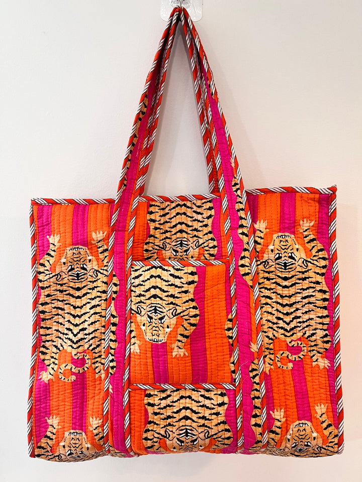 Block Printed Orange Tote Bag
