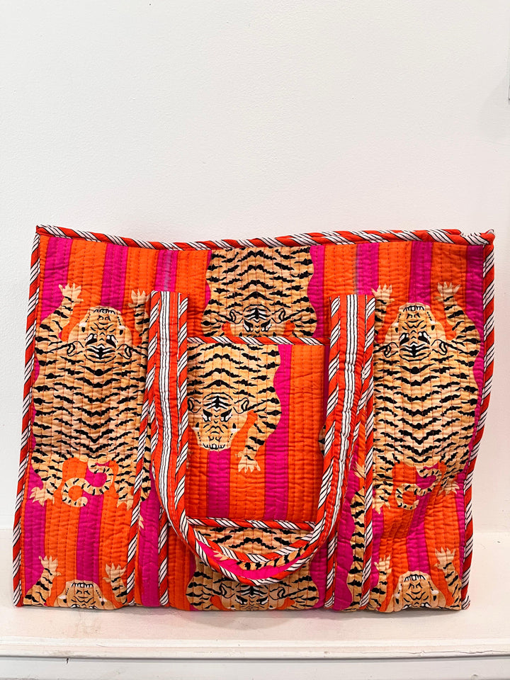 Block Printed Orange Tote Bag