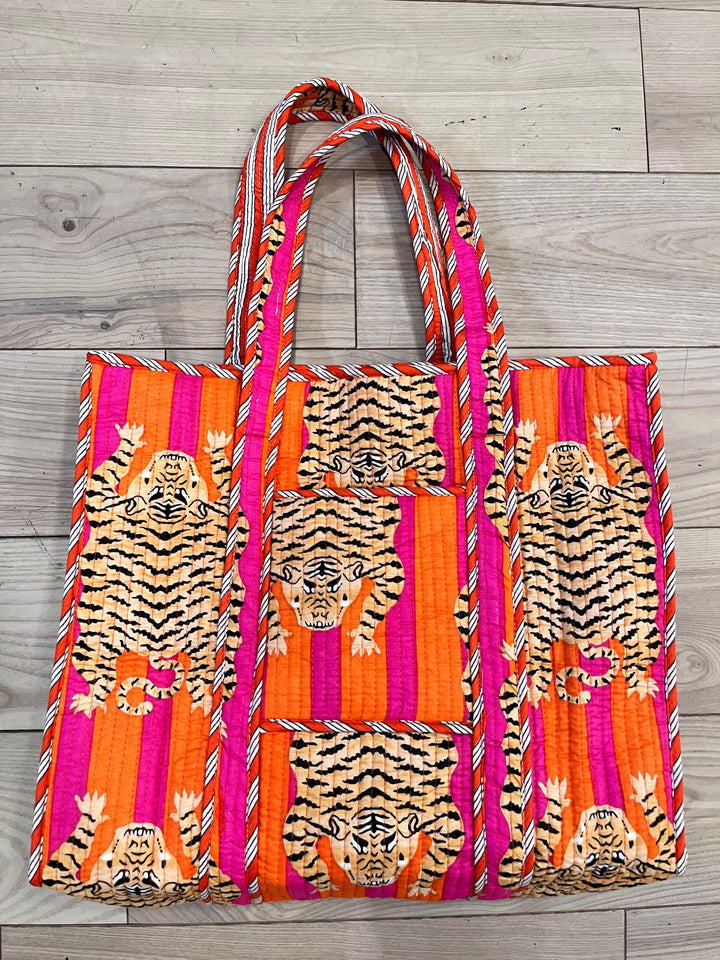 Block Printed Orange Tote Bag