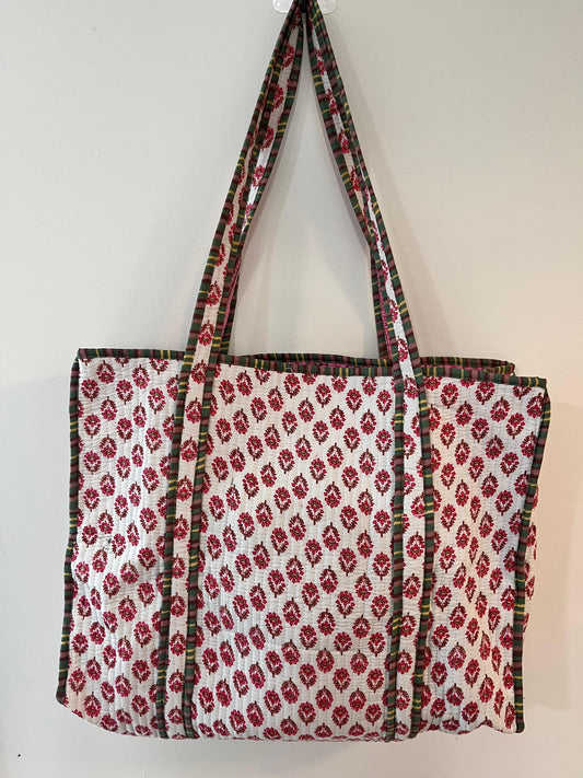 Red & White Block Printed Tote Bag