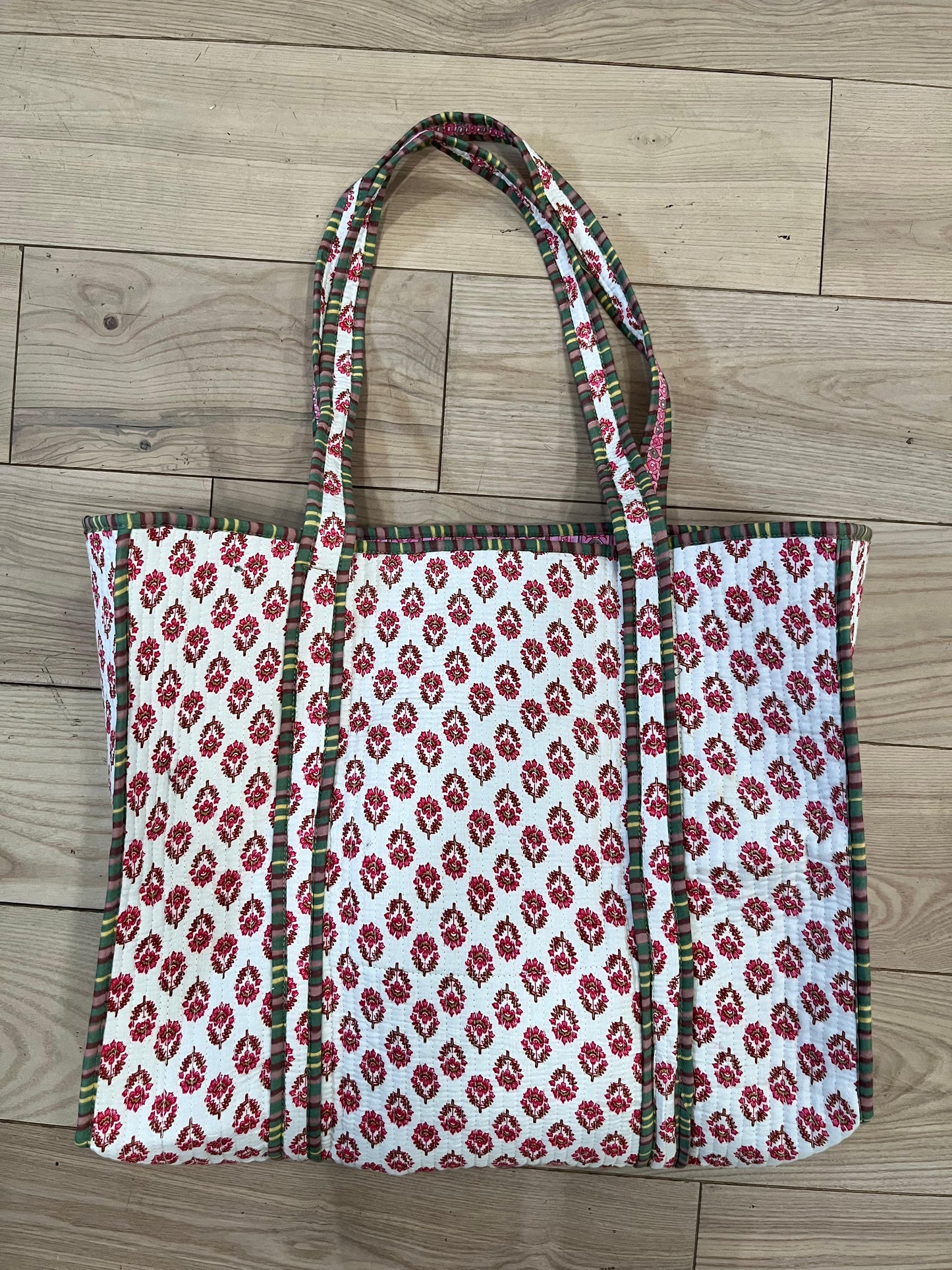 Red & White Block Printed Tote Bag