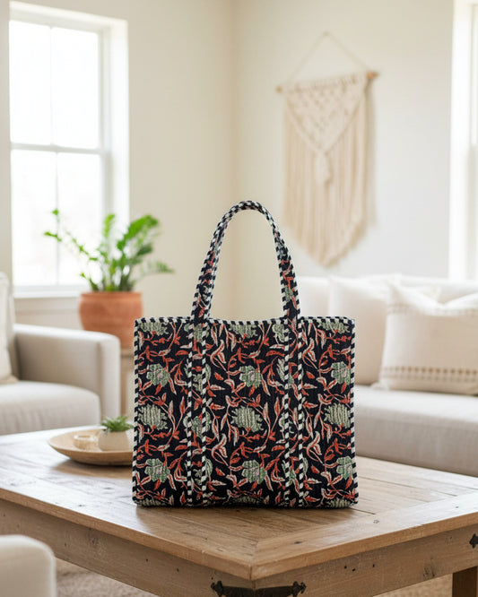 Black Floral Cotton Tote Bag