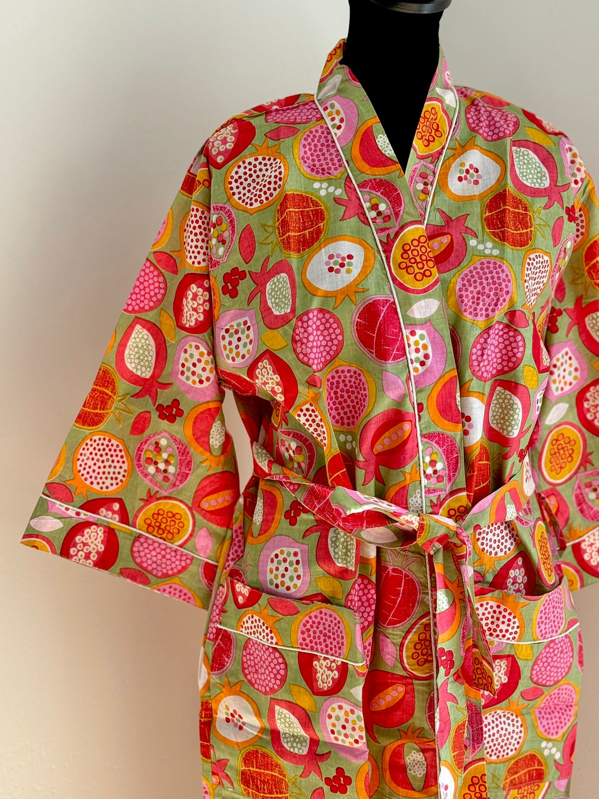 Hot Pink Block Printed Cotton Kimono | Pomegranate Fruit Motif Lounge Robe & Sleepwear