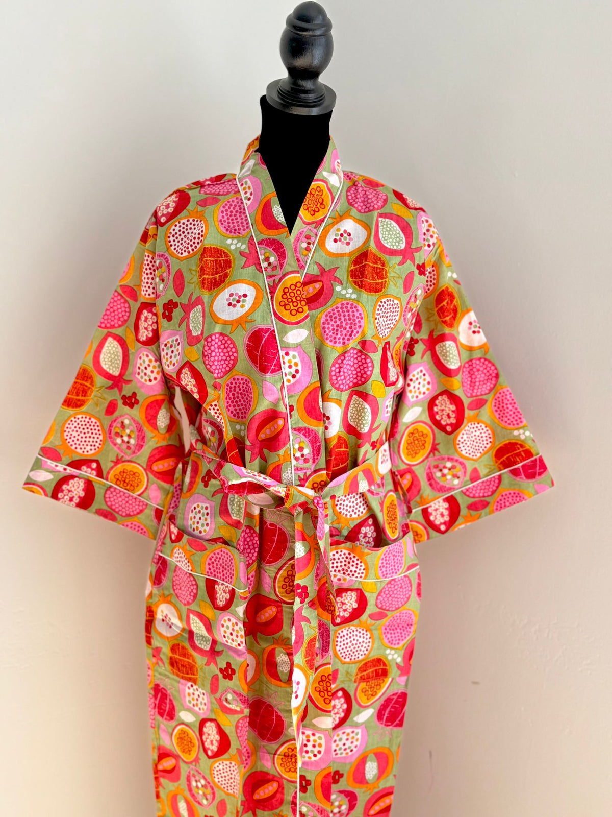 Hot Pink Block Printed Cotton Kimono | Pomegranate Fruit Motif Lounge Robe & Sleepwear