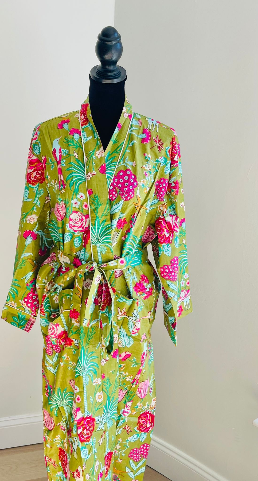 Hand Block Print Cotton Kimono Robe | Olive Green & Magenta Floral Garden Lounge Robe | Spa & Sleepwear