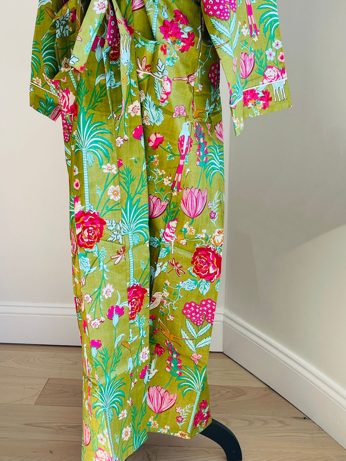 Hand Block Print Cotton Kimono Robe | Olive Green & Magenta Floral Garden Lounge Robe | Spa & Sleepwear