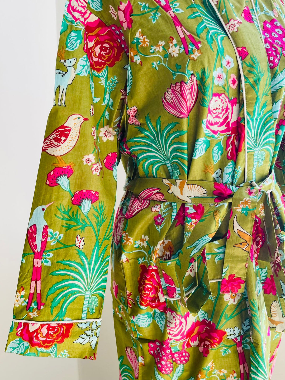 Hand Block Print Cotton Kimono Robe | Olive Green & Magenta Floral Garden Lounge Robe | Spa & Sleepwear