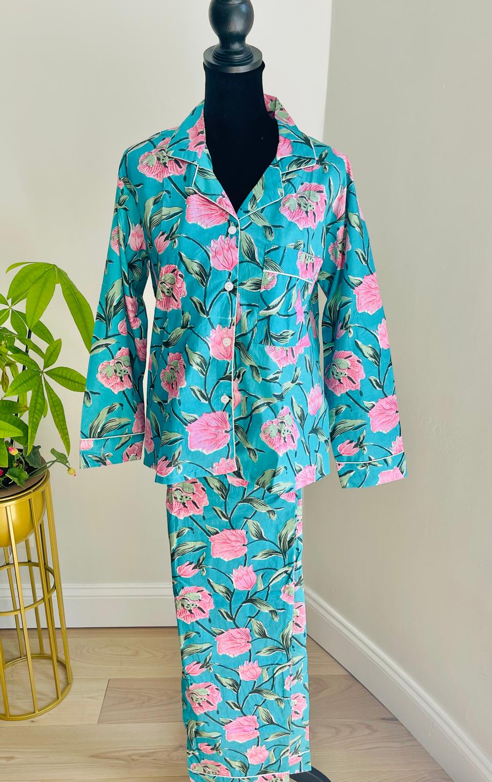 Long Pajama Set in Blossom Blue