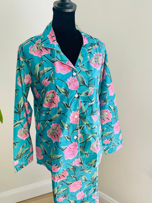 Turquoise & Pink Floral Blossom Block Print Cotton Pajama Set, Vibrant Tropical Sleepwear & Loungewear, Cotton PJ's