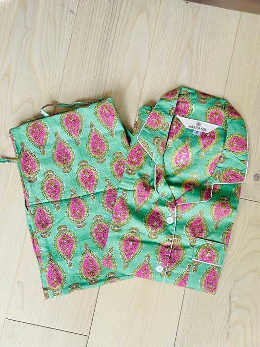 Green Block Printed Long PJ Set