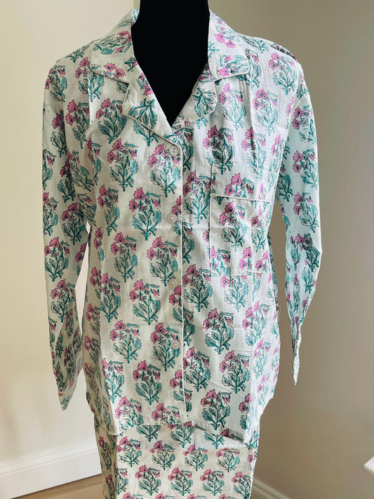 Hand Block Printed Long PJ SetPink & Green Floral Block Print Cotton Pajama Set, Dainty Botanical Sleepwear & Lounge Apparel