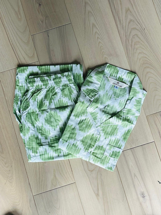Green Hand Block Printed Long PJ Set