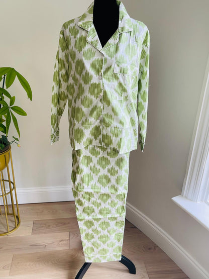 Green Hand Block Printed Long PJ Set