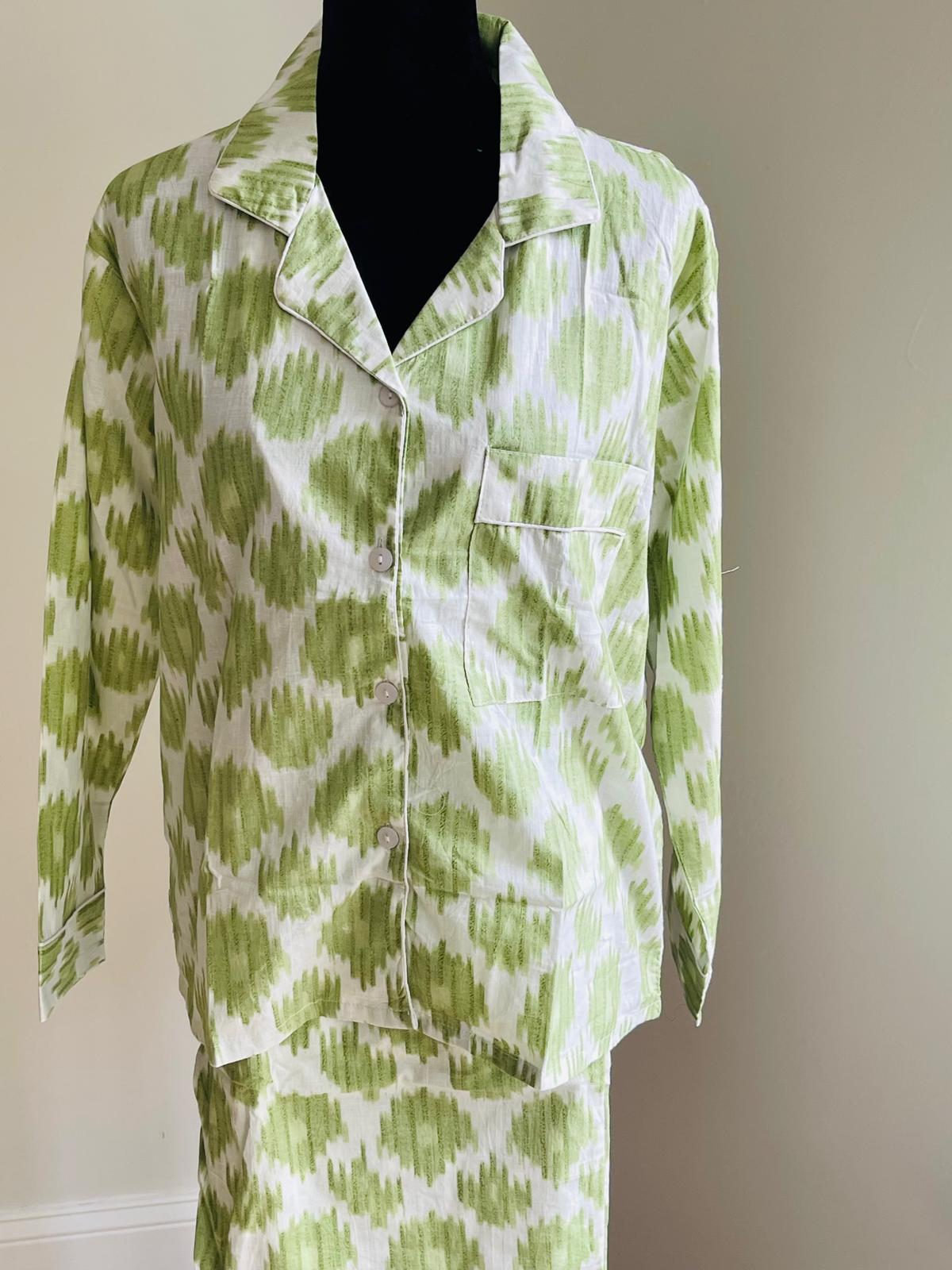Green Hand Block Printed Long PJ Set