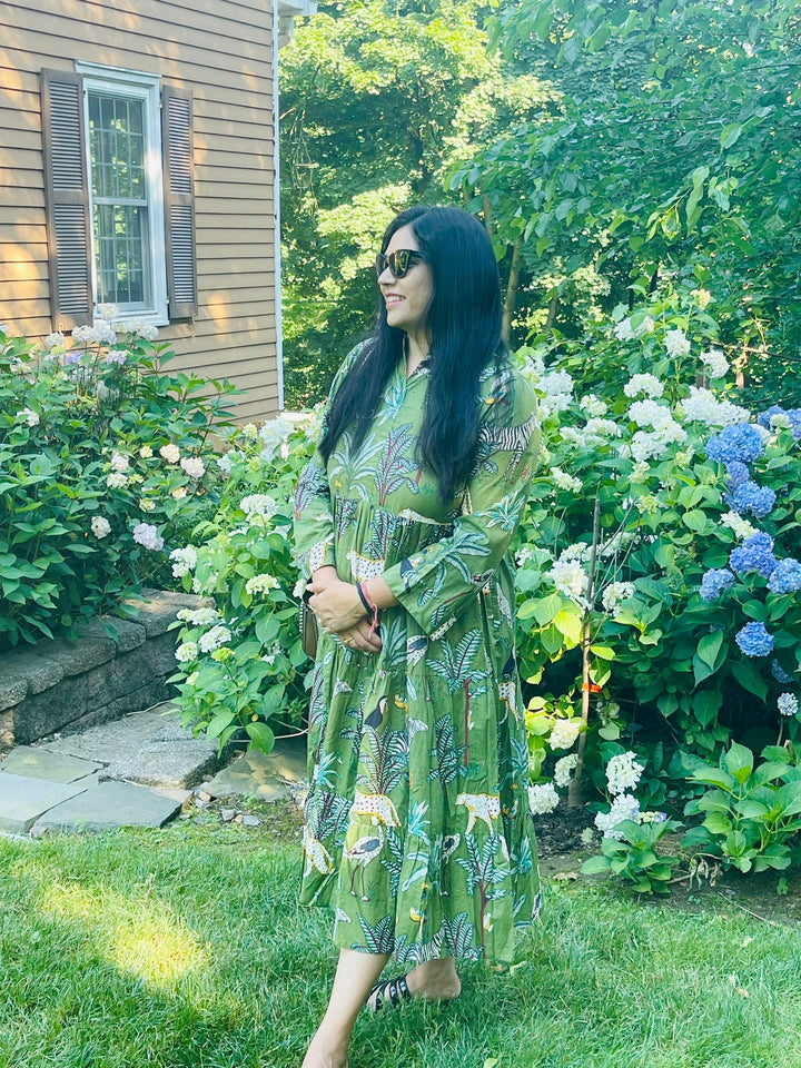 Green Block Printed Animal Midi Dress