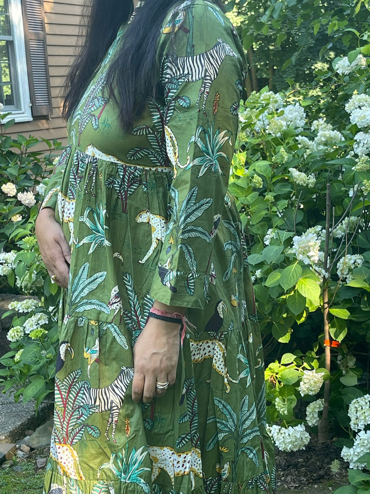 Green Block Printed Animal Midi Dress