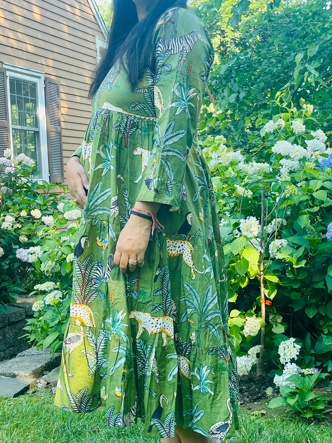 Green Block Printed Animal Midi Dress