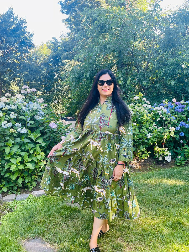 Green Block Printed Animal Midi Dress
