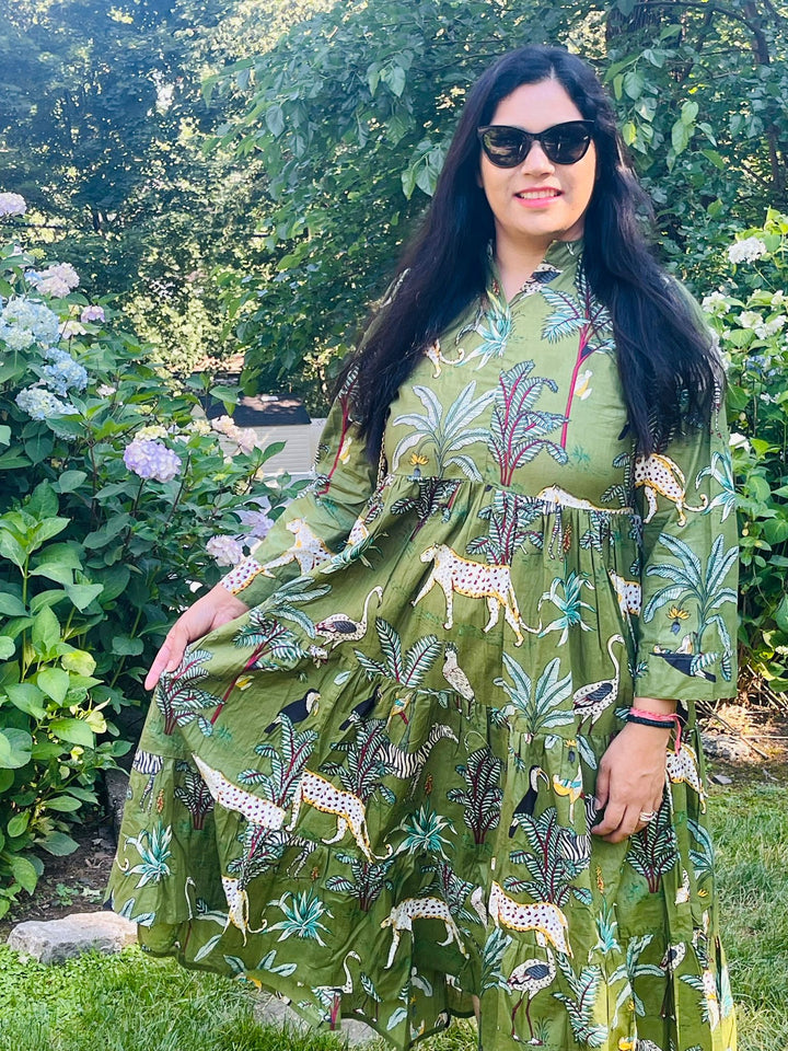 Green Block Printed Animal Midi Dress