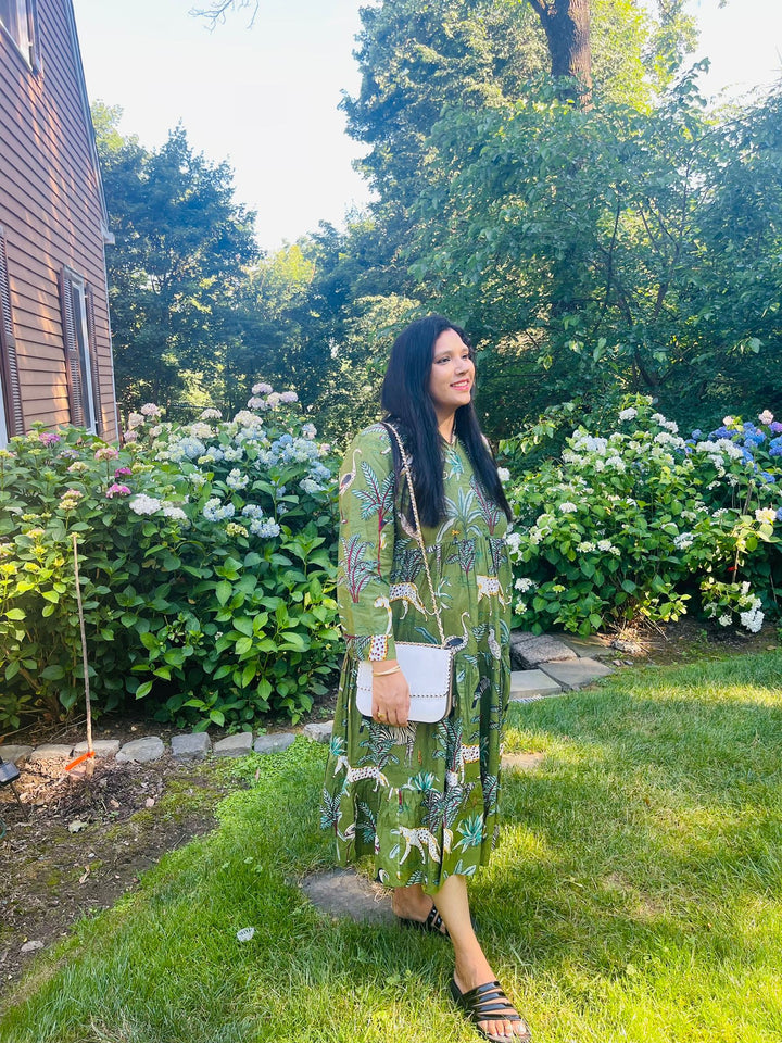 Green Block Printed Animal Midi Dress
