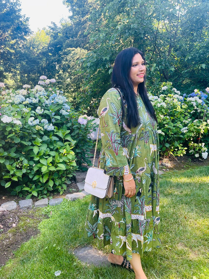 Green Block Printed Animal Midi Dress