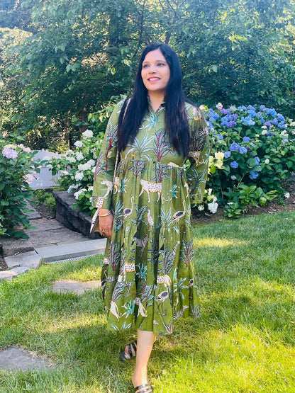 Green Block Printed Animal Midi Dress