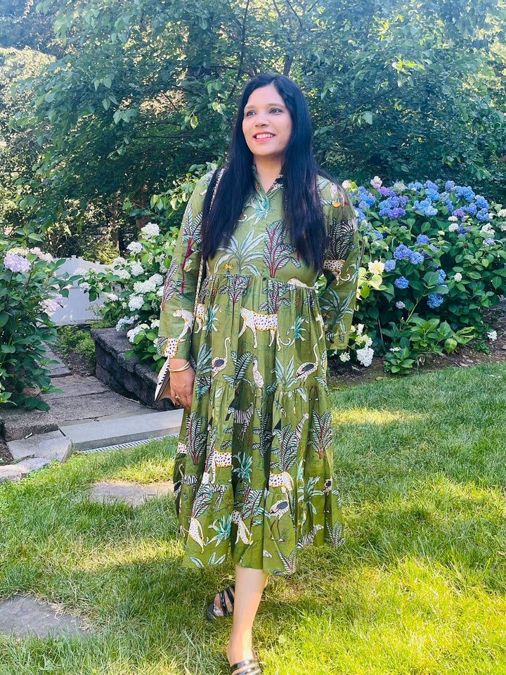 Green Block Printed Animal Midi Dress