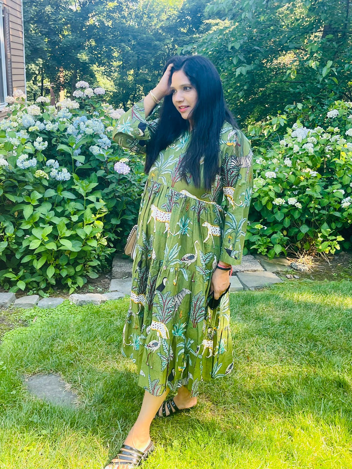 Green Block Printed Animal Midi Dress