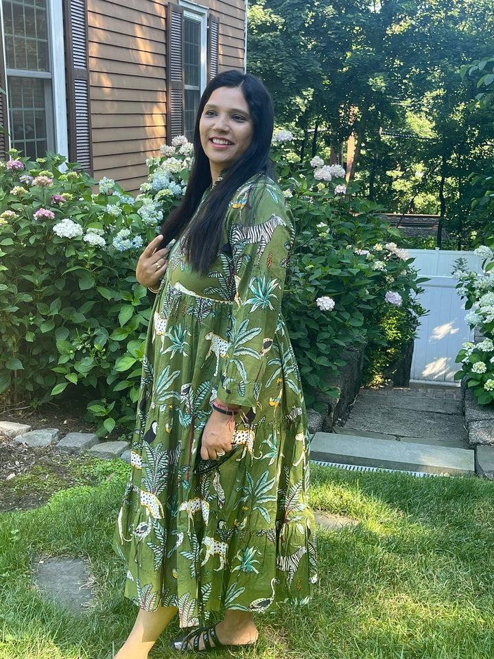 Green Block Printed Animal Midi Dress