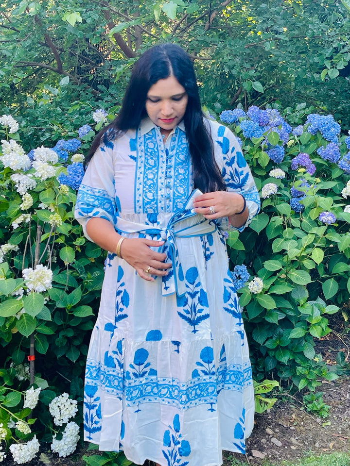 Blue Block Printed Midi Dress