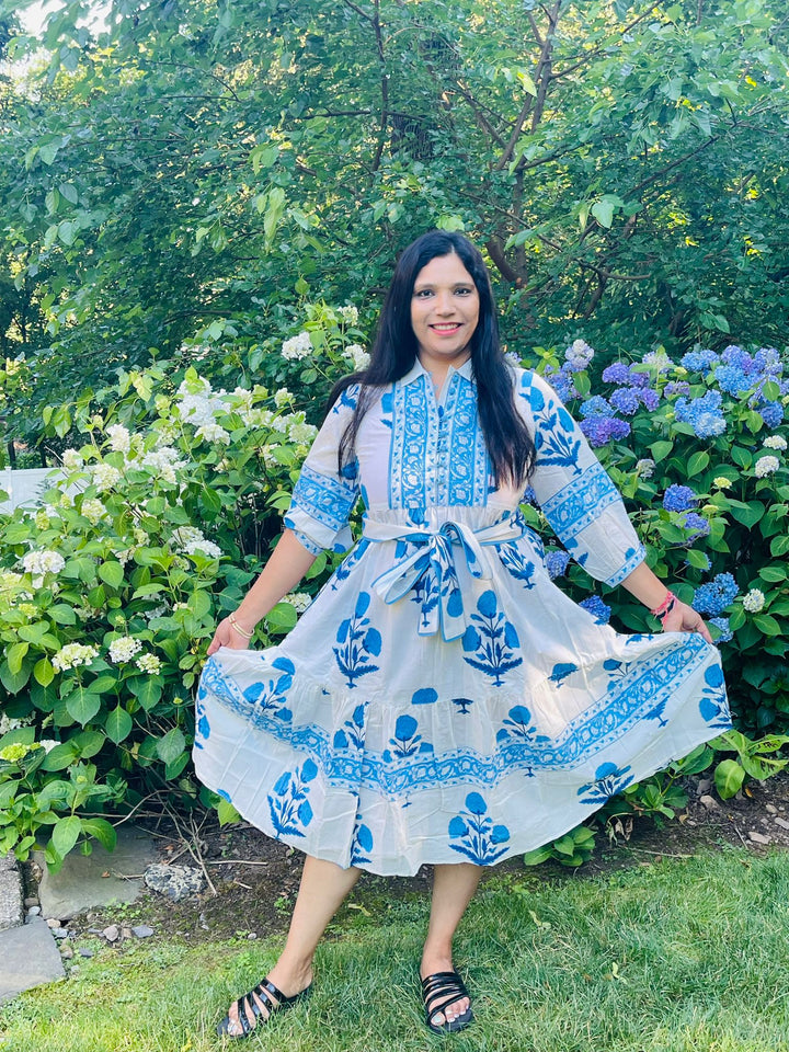 Blue Block Printed Midi Dress